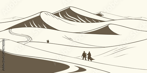 A desert landscape with two people walking Vector