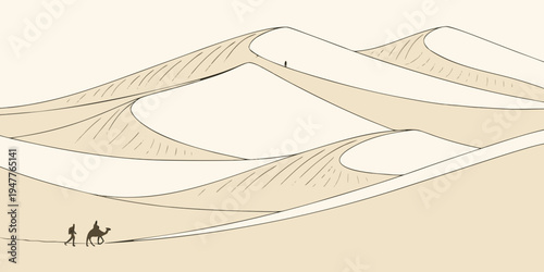 A drawing of a tent in the desert with mountains Vector