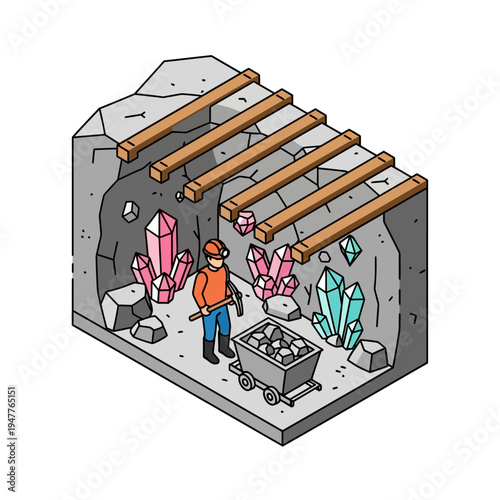 Isometric illustration of a miner working in a crystal-filled mine, extracting resources with a cart and pickaxe.