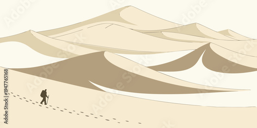 A person walking across a desert with large sand dunes Vector