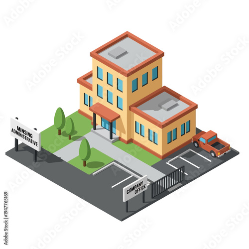 Isometric view of a modern office building with a parking lot, car, and billboard, representing a corporate environment.