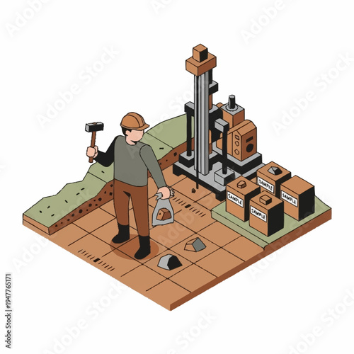 Geologist conducting soil and rock analysis with drilling equipment and sample containers at a construction site.