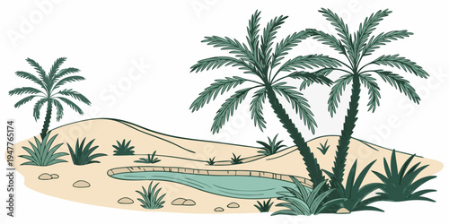 A desert oasis with palm trees and a small pool of water Vector