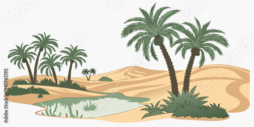 A desert oasis with palm trees and a small pond Vector