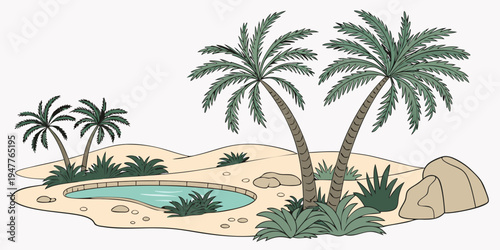 A sandy island with palm trees and a small pool of water Vector