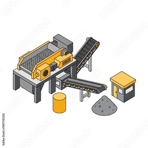 Isometric illustration of an industrial processing plant with conveyor belts, a crusher, a silo, and a pile of material.