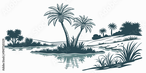 A serene landscape with palm trees and a body of water Vector