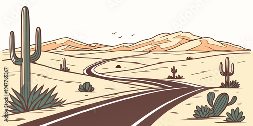 A desert road with cacti and mountains Vector