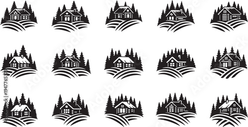 Black and white house icons with trees and hills