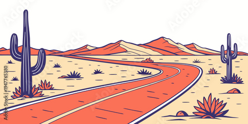 A desert road with cacti and mountains Vector