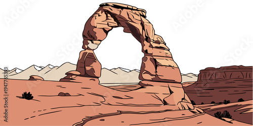 A large rock arch in the desert landscape Vector