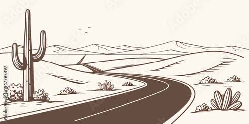 A desert road with a cactus on the side Vector