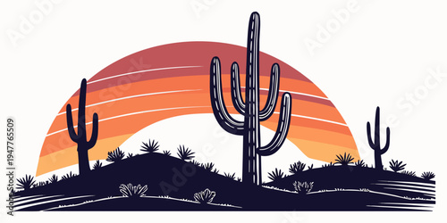 A desert landscape with cacti at sunset Vector