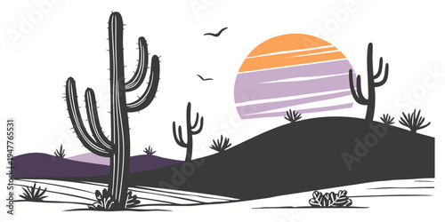 A desert landscape with a large sun and several cacti Vector