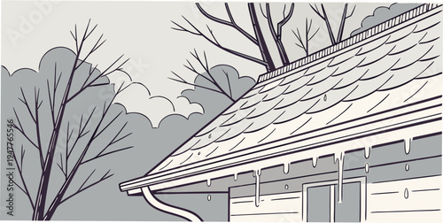 A house with a tiled roof and bare trees Vector