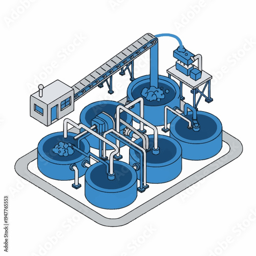 Illustration of an industrial processing plant with multiple tanks, pipes, and conveyor belts, suggesting a chemical or manufacturing operation.