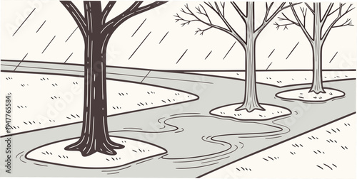 A black and white illustration of a snowy sidewalk with trees Vector