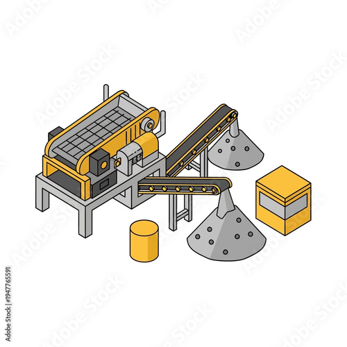 Isometric illustration of an industrial crushing and screening machine with conveyor belts and material piles.