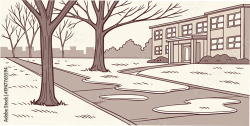 A sidewalk in front of buildings on a snowy day Vector