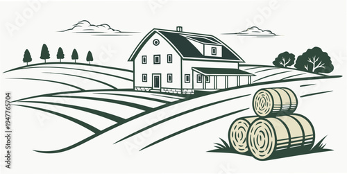 A farmhouse with hay bales in a rural landscape Vector
