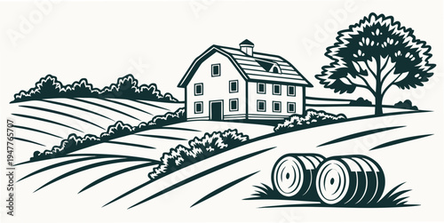 A house and tree on a farm with a hay bale Vector