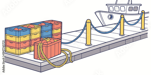 A dock with shipping containers and a boat Vector