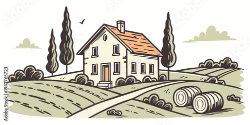 A house with an orange roof on a green field Vector