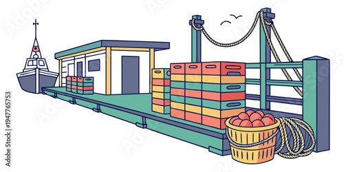 A green dock with a boat and a crate on it Vector