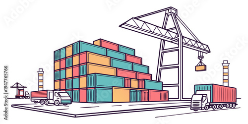 A stack of colorful shipping containers at a port Vector