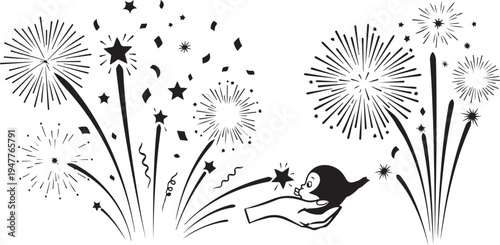 Fireworks exploding in the night sky with a hand