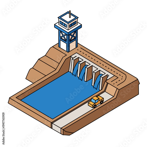Isometric illustration of a hydroelectric dam with a control tower and a car driving on the road next to the reservoir.