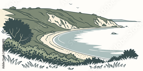 A scenic coastal landscape with a winding path Vector