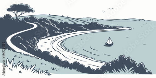 A winding road along a serene coastal landscape Vector