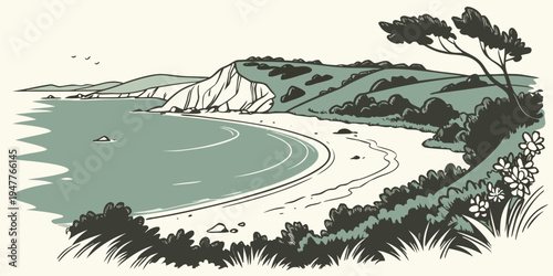 A scenic landscape with a winding road and body of water Vector