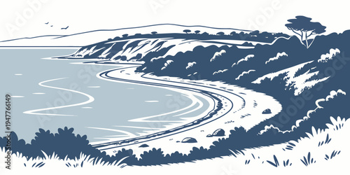 A blue and white illustration of a winding river Vector