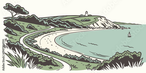 A scenic coastal road with a body of water Vector