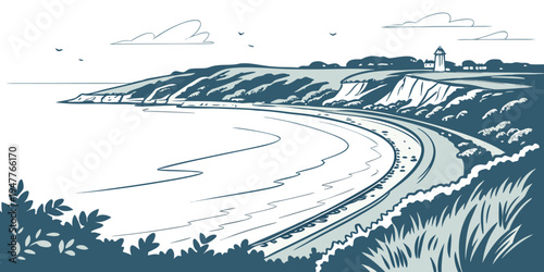 A blue and white drawing of a road going down to a body of water Vector