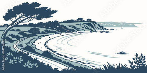 A scenic coastal road with a tree on the left side Vector