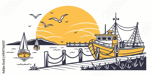 A large boat sits on a harbor at sunset Vector