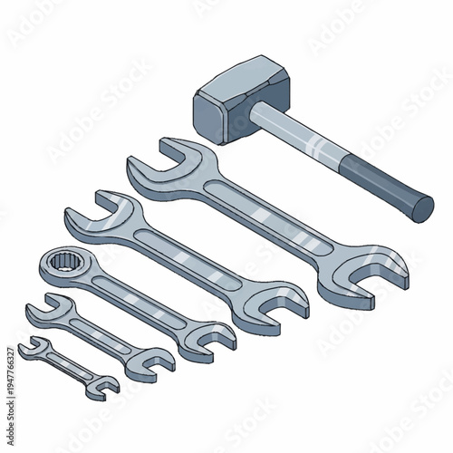 A collection of various sized wrenches and a sledgehammer arranged diagonally on a white background.