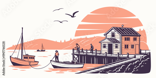 A house by a dock with boats at sunset Vector
