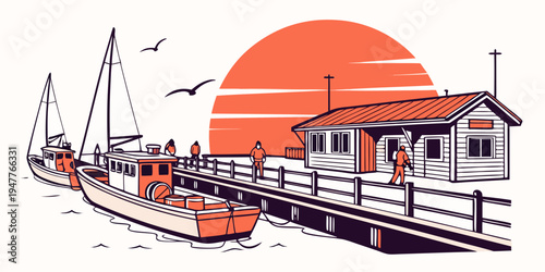 A small dock with a boat and a building Vector