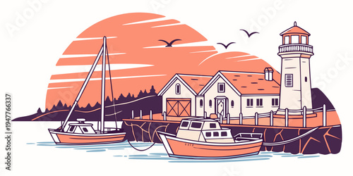 A serene coastal scene with a lighthouse and boats Vector