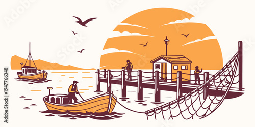 A boat is docked at a pier during sunset Vector