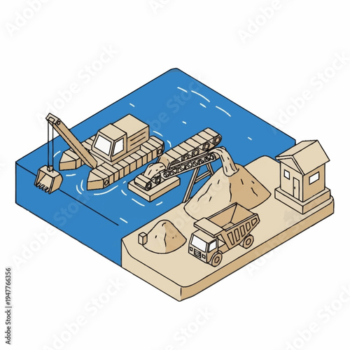 Illustration of a dredging operation, showing a barge excavating material from the water and a conveyor belt transferring it to a truck on land.