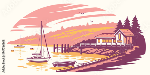 A serene coastal town at sunset with a sailboat Vector
