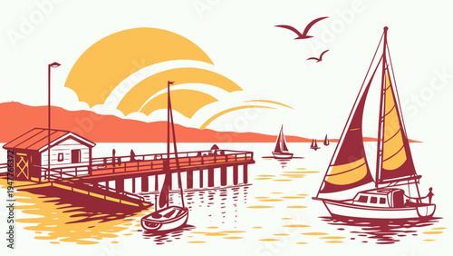 A sailboat is sailing near a dock by the sea Vector