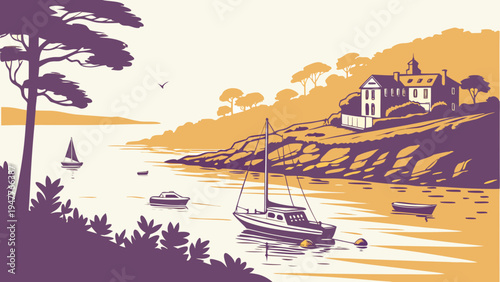 A serene coastal scene with a house and boats Vector