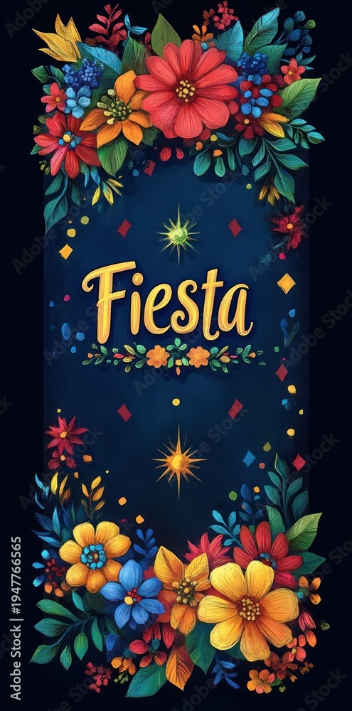 Fototapeta premium Vibrant floral celebration banner with colorful blossoms, leaves, confetti and glowing stars framing cheerful 'Fiesta' lettering on a dark blue background