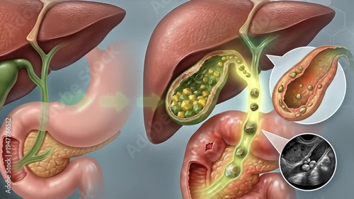 Gallbladder disease, cholelithiasis medical concept diagram, illustrating healthy and diseased organs, gallstones obstructing bile ducts, human digestive system anatomy